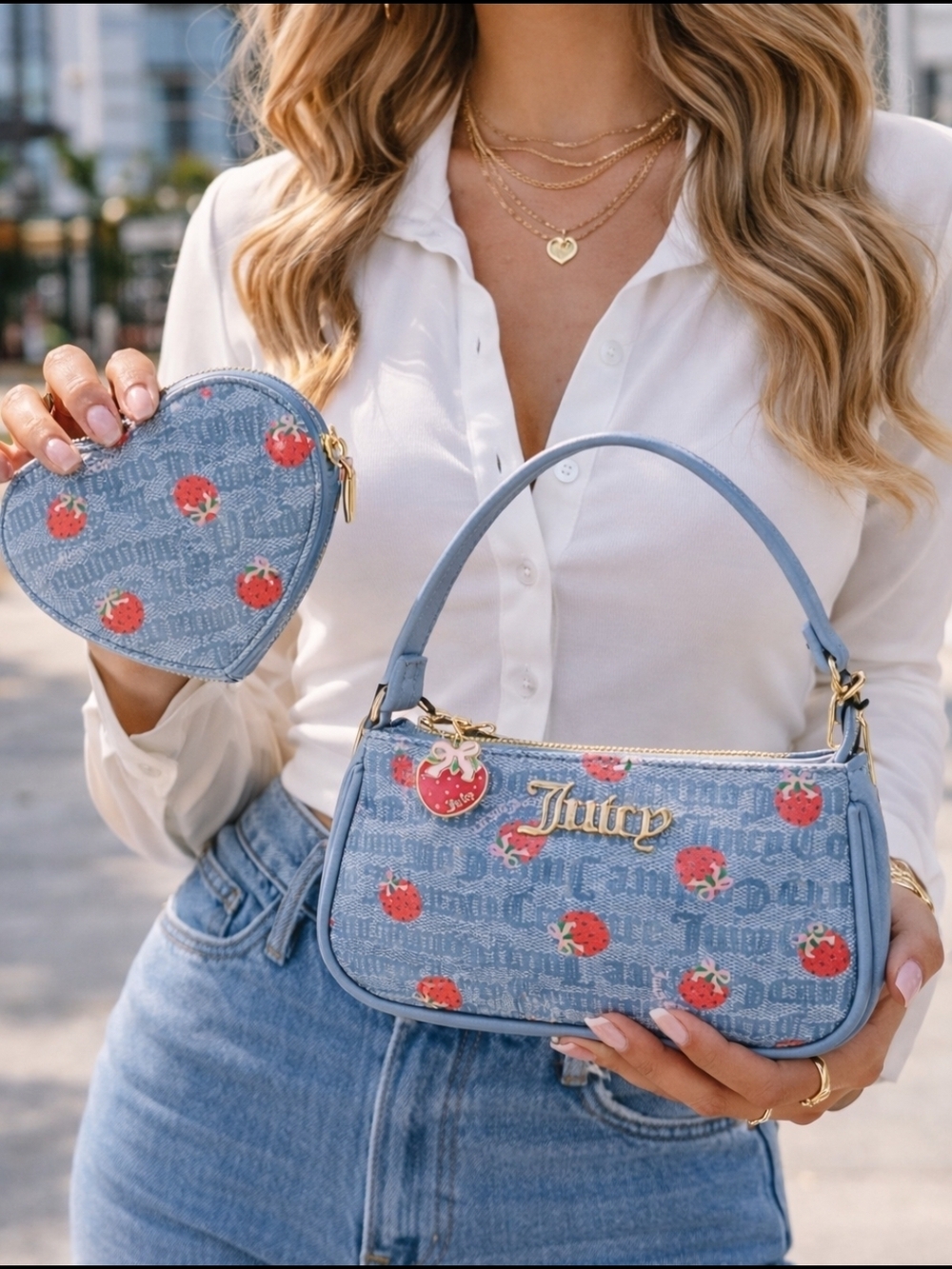 Juicy Couture Blue Strawberry-Print Mini Shoulder Bag And Coin Purse Set Y2K